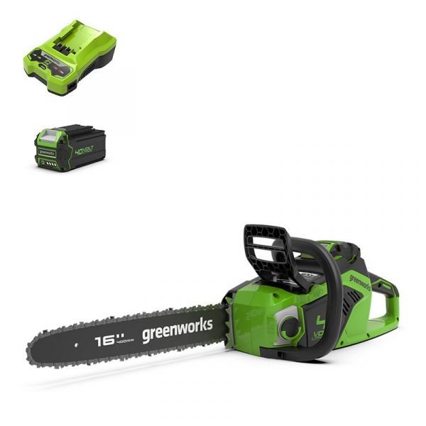 40V řetězová pila 40 cm Greenworks nabíječka GD40CS18K4 + sada baterií 4Ah