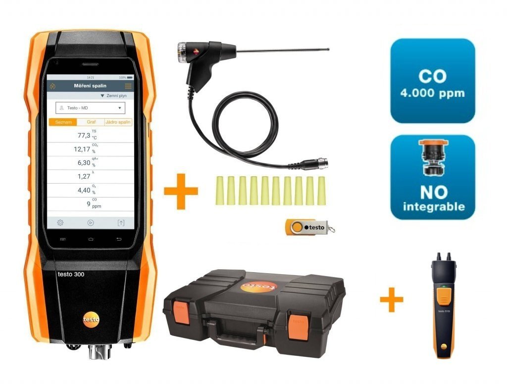 Testo 300 Longlife - Analyzátor spalin sada 1 (O2, CO až do 4,000 ppm, možnost NO)