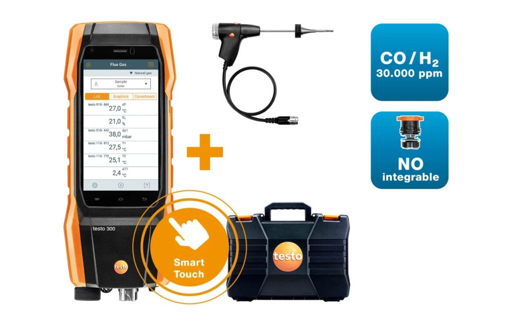 Testo 300 Longlife Pro - Analyzátor spalin sada 2 (O2, CO s kompenzací H2 až do 30,000 ppm, možnost NO)